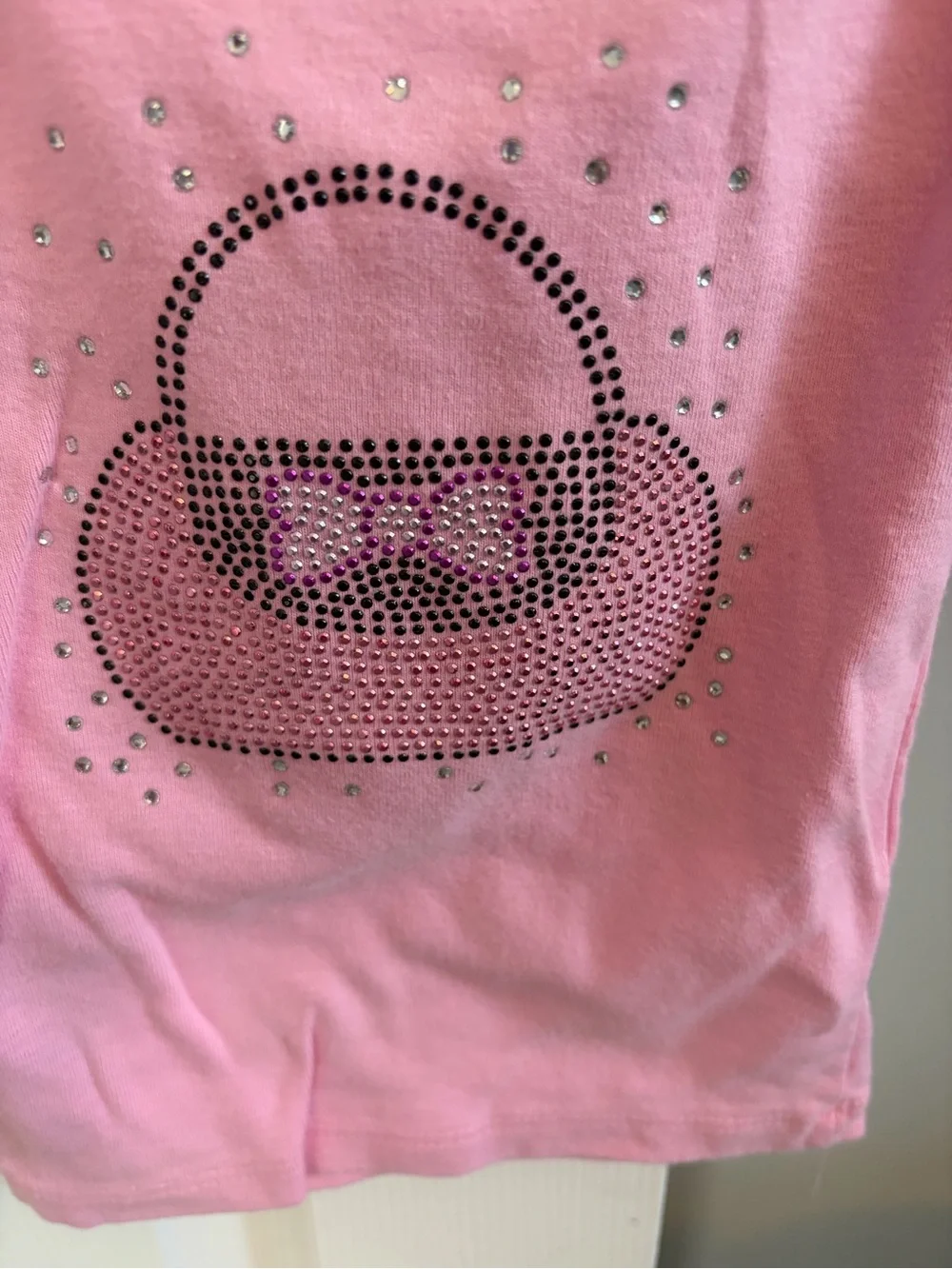 Rock n Beauty Baby Pink Long-Sleeve Tee with Rhinestone Purse Graphic EUC